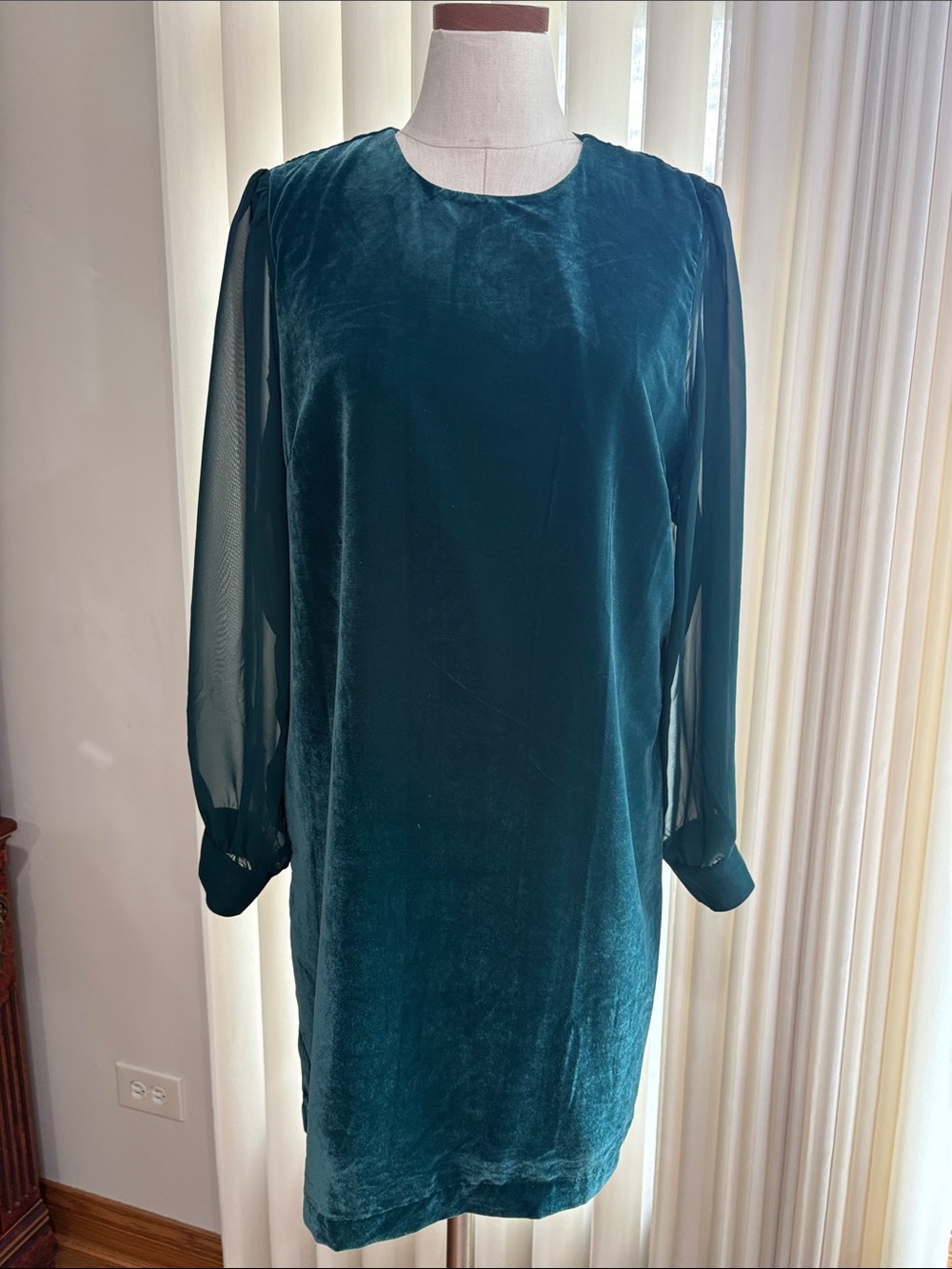 NWT J. Crew rich green Velvet Shift Dress with Sheer Long Sleeves holiday 14